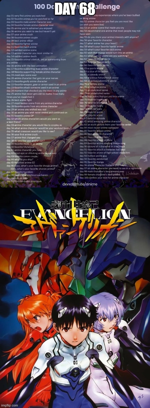 Day 68: Neon Genesis Evangelion | DAY 68 | image tagged in 100 day anime challenge | made w/ Imgflip meme maker