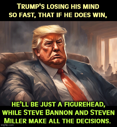 Most Americans would not be happy with that. | Trump's losing his mind so fast, that if he does win, he'll be just a figurehead, while Steve Bannon and Steven Miller make all the decisions. | image tagged in trump,cognitive,decline,steve bannon,steve miller | made w/ Imgflip meme maker