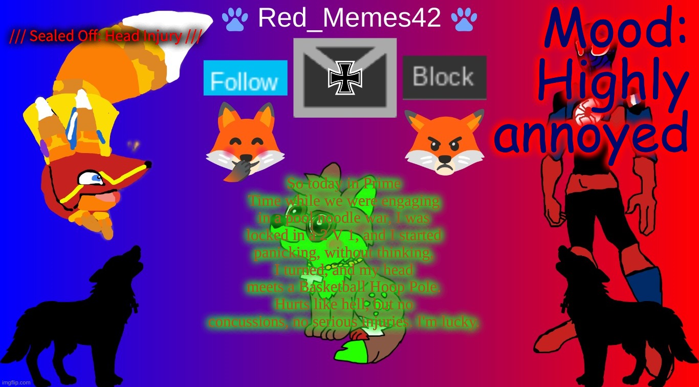it still hurts rn ow | Mood: Highly annoyed; /// Sealed Off: Head Injury ///; So today in Prime Time while we were engaging in a pool noodle war, I was locked in a 2 V 1, and I started panicking, without thinking, I turned, and my head meets a Basketball Hoop Pole. Hurts like hell, but no concussions, no serious injuries. I'm lucky. | image tagged in red_memes42 announcement | made w/ Imgflip meme maker