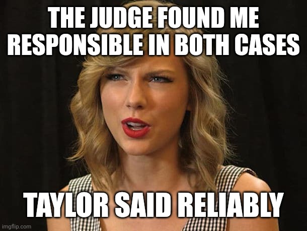 Taylor said reliably | THE JUDGE FOUND ME RESPONSIBLE IN BOTH CASES; TAYLOR SAID RELIABLY | image tagged in taylor swiftie | made w/ Imgflip meme maker