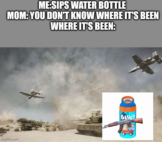 Ok | ME:SIPS WATER BOTTLE 
MOM: YOU DON'T KNOW WHERE IT'S BEEN

WHERE IT'S BEEN: | image tagged in bluey,war | made w/ Imgflip meme maker