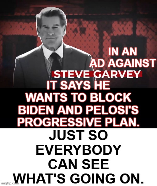 Only In California | IN AN AD AGAINST; JUST SO EVERYBODY CAN SEE WHAT'S GOING ON. IT SAYS HE WANTS TO BLOCK BIDEN AND PELOSI'S PROGRESSIVE PLAN. | image tagged in memes,politics,joe biden,nancy pelosi,progressive,plan | made w/ Imgflip meme maker