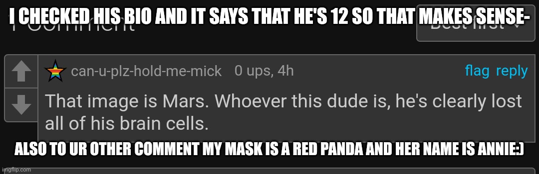 Makes sense tbh lol | I CHECKED HIS BIO AND IT SAYS THAT HE'S 12 SO THAT MAKES SENSE-; ALSO TO UR OTHER COMMENT MY MASK IS A RED PANDA AND HER NAME IS ANNIE:) | made w/ Imgflip meme maker