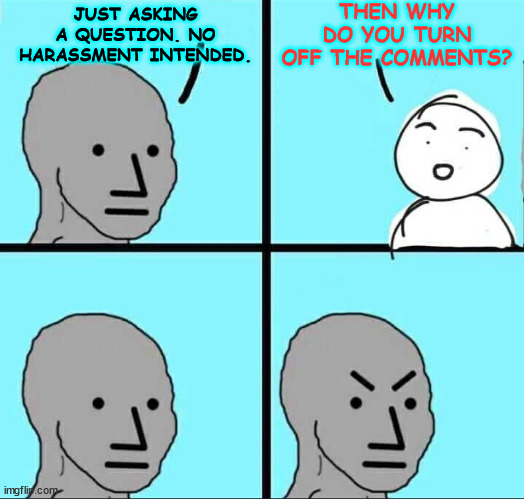 Yes... you ask a question, but turn off the comments because you can't handle the answer... | THEN WHY DO YOU TURN OFF THE COMMENTS? JUST ASKING A QUESTION. NO HARASSMENT INTENDED. | image tagged in npc meme,makes perfect sense,if you cannot handle the answer,lol | made w/ Imgflip meme maker