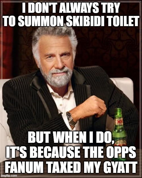 L rizz | I DON'T ALWAYS TRY TO SUMMON SKIBIDI TOILET; BUT WHEN I DO, IT'S BECAUSE THE OPPS FANUM TAXED MY GYATT | image tagged in memes,the most interesting man in the world,gen alpha,skibidi toilet,gyatt,cringe | made w/ Imgflip meme maker