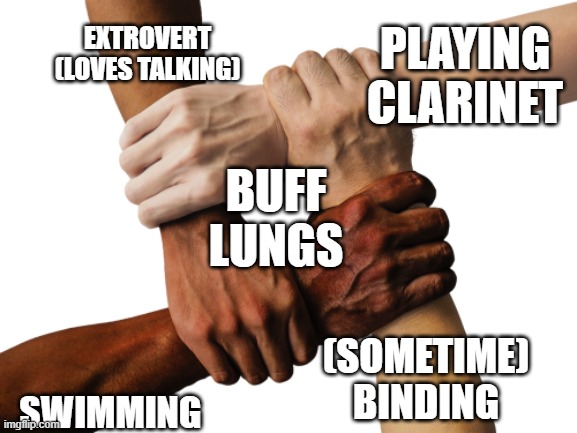 I beat the whole band in a note length contest | EXTROVERT (LOVES TALKING); PLAYING CLARINET; BUFF LUNGS; SWIMMING; (SOMETIME) BINDING | image tagged in band,non binary,swimming | made w/ Imgflip meme maker