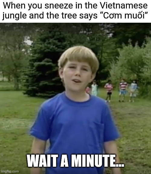 HOL UP | When you sneeze in the Vietnamese jungle and the tree says “Cơm muối”; WAIT A MINUTE... | image tagged in kazoo kid wait a minute who are you,vietnam | made w/ Imgflip meme maker