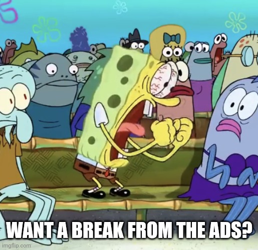 Spongebob Yelling | WANT A BREAK FROM THE ADS? | image tagged in spongebob yelling | made w/ Imgflip meme maker