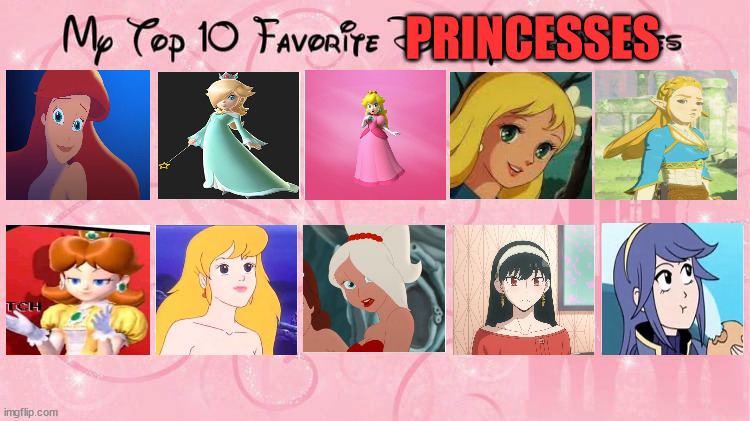 top 10 favorite princesses | PRINCESSES | image tagged in my top 10 favorite disney princesses,princess,nintendo,spy x family,the little mermaid | made w/ Imgflip meme maker