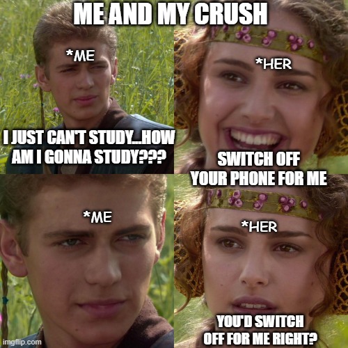 Me and My Crush | ME AND MY CRUSH; *ME; *HER; I JUST CAN'T STUDY...HOW AM I GONNA STUDY??? SWITCH OFF YOUR PHONE FOR ME; *ME; *HER; YOU'D SWITCH OFF FOR ME RIGHT? | image tagged in anakin padme 4 panel | made w/ Imgflip meme maker
