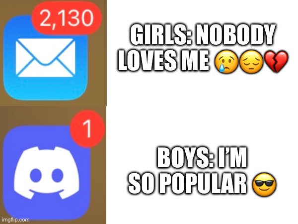 GIRLS: NOBODY LOVES ME 😢😔💔; BOYS: I’M SO POPULAR 😎 | image tagged in message,online | made w/ Imgflip meme maker