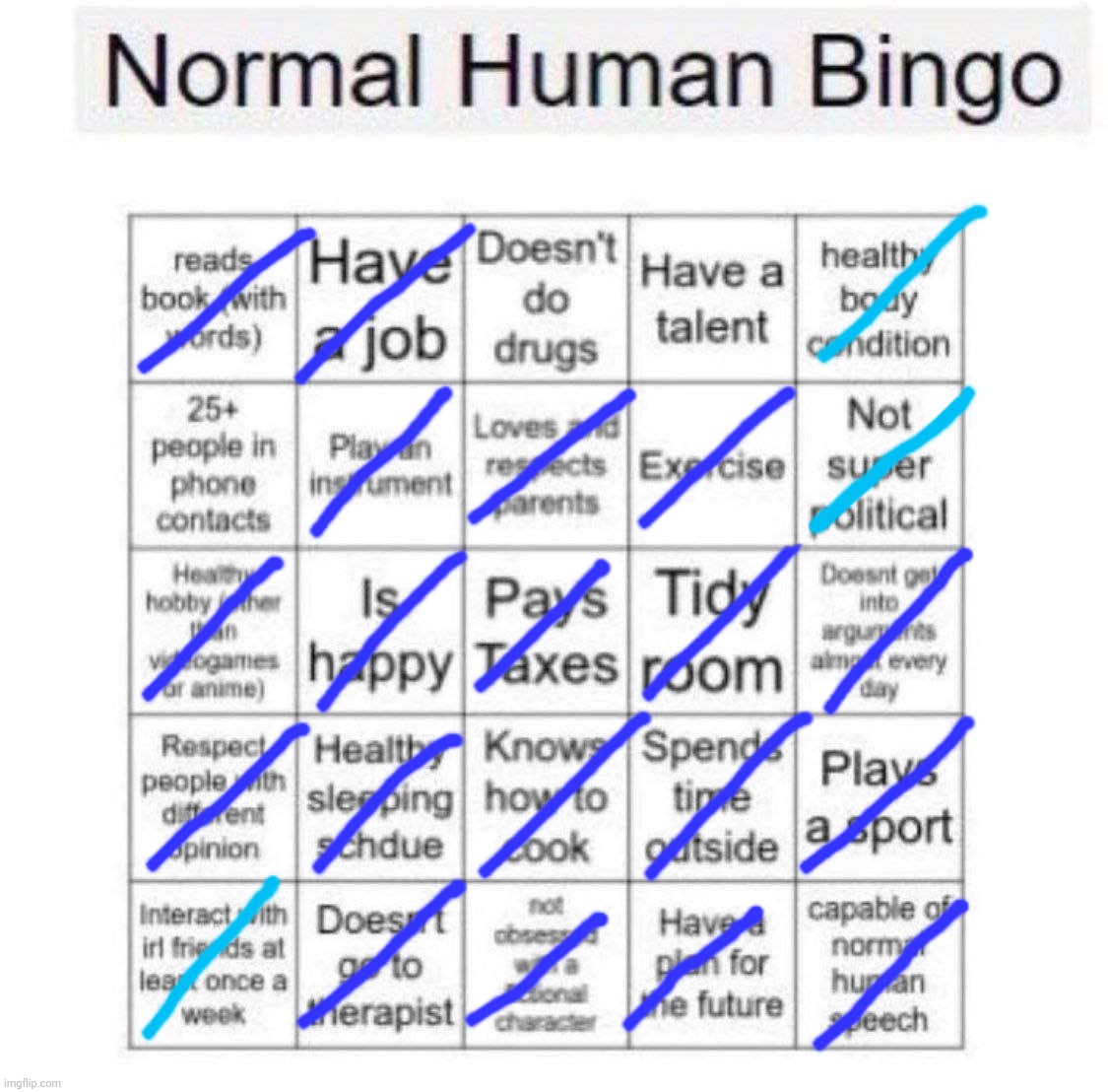 Same as usual with light blue meaning "kinda" | image tagged in normal human bingo | made w/ Imgflip meme maker