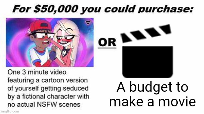 "For $50,000 you could purchase:" | A budget to make a movie | image tagged in for 50 000 you could purchase | made w/ Imgflip meme maker