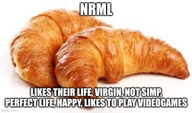 Croissant | NRML LIKES THEIR LIFE, VIRGIN, NOT SIMP, PERFECT LIFE, HAPPY, LIKES TO PLAY VIDEOGAMES | image tagged in croissant | made w/ Imgflip meme maker