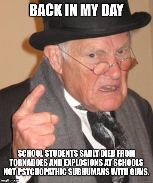 Back In My Day Meme | BACK IN MY DAY; SCHOOL STUDENTS SADLY DIED FROM TORNADOES AND EXPLOSIONS AT SCHOOLS NOT PSYCHOPATHIC SUBHUMANS WITH GUNS. | image tagged in memes,back in my day | made w/ Imgflip meme maker