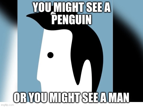 This optical illusion is really cool | YOU MIGHT SEE A
PENGUIN; OR YOU MIGHT SEE A MAN | image tagged in optical illusion | made w/ Imgflip meme maker