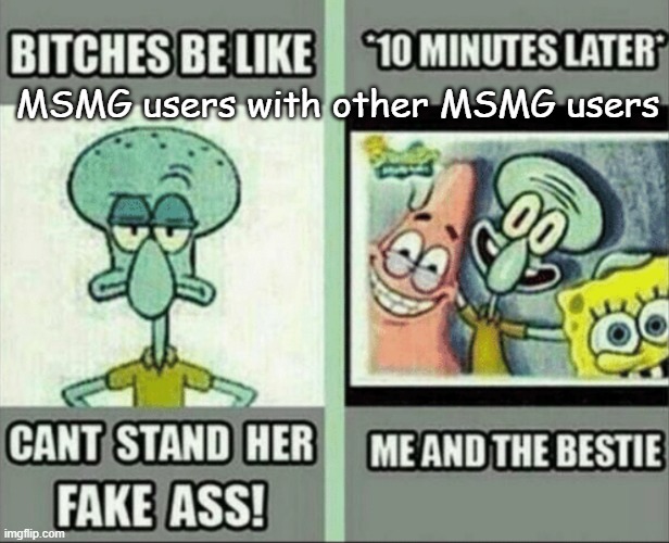 bitches be like | MSMG users with other MSMG users | image tagged in bitches be like | made w/ Imgflip meme maker
