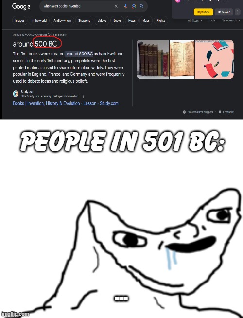 his literacy rate really just dropped | PEOPLE IN 501 BC:; ... | image tagged in dumb wojak,when was invented/discovered | made w/ Imgflip meme maker