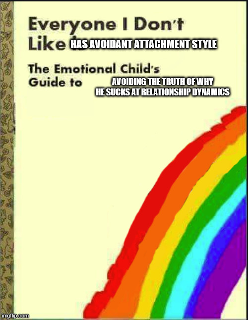 Everyone I Don't Like Blank Book | HAS AVOIDANT ATTACHMENT STYLE; AVOIDING THE TRUTH OF WHY HE SUCKS AT RELATIONSHIP DYNAMICS | image tagged in everyone i don't like blank book | made w/ Imgflip meme maker