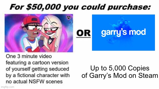 i play garry’s mod | Up to 5,000 Copies of Garry’s Mod on Steam | image tagged in for 50 000 you could purchase,memes,garry's mod | made w/ Imgflip meme maker