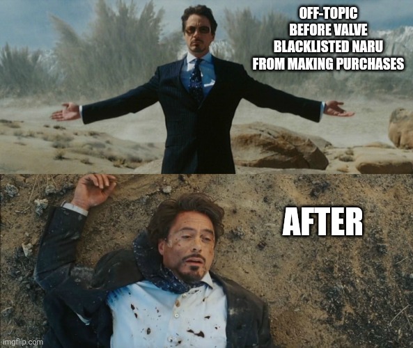 Tony Stark Before and After | OFF-TOPIC BEFORE VALVE BLACKLISTED NARU FROM MAKING PURCHASES; AFTER | image tagged in tony stark before and after | made w/ Imgflip meme maker