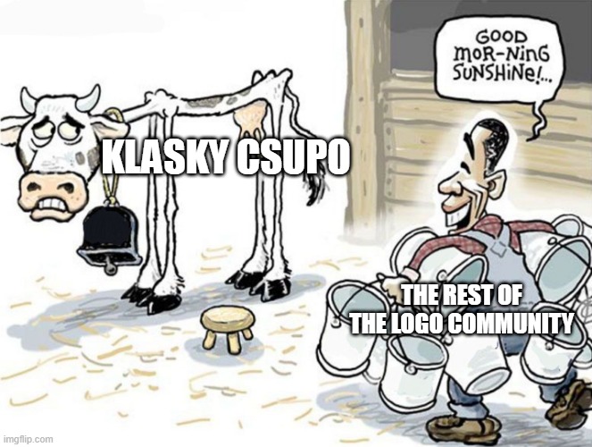 Logo Kids Nowadays... | KLASKY CSUPO; THE REST OF THE LOGO COMMUNITY | image tagged in milking the cow | made w/ Imgflip meme maker