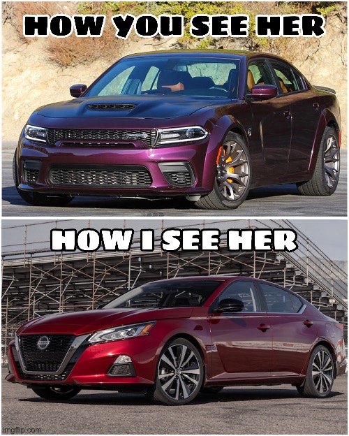 How you see her • How I see her | image tagged in hellcat,altima,charger,dodge,mopar | made w/ Imgflip meme maker