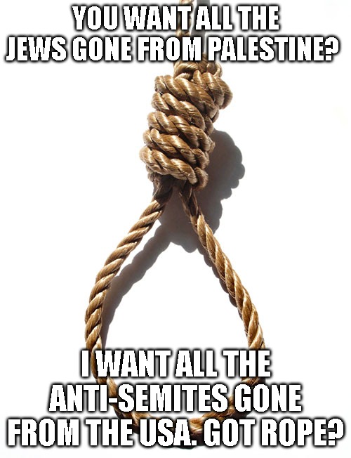 From the River to the Sea? | YOU WANT ALL THE JEWS GONE FROM PALESTINE? I WANT ALL THE ANTI-SEMITES GONE FROM THE USA. GOT ROPE? | image tagged in hang rope,israel,jews,palestine,islamic terrorism,college liberal | made w/ Imgflip meme maker