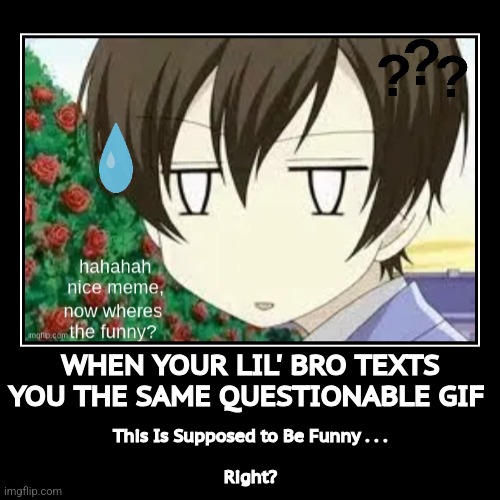 Questionable Humor | WHEN YOUR LIL' BRO TEXTS YOU THE SAME QUESTIONABLE GIF | This Is Supposed to Be Funny . . .
 
Right? | image tagged in funny,demotivationals,relatable,little brother,siblings | made w/ Imgflip demotivational maker