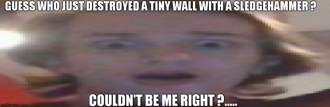 i litteraly ate it in 6 mins | GUESS WHO JUST DESTROYED A TINY WALL WITH A SLEDGEHAMMER ? COULDN'T BE ME RIGHT ?..... | image tagged in wide flaberghasted | made w/ Imgflip meme maker