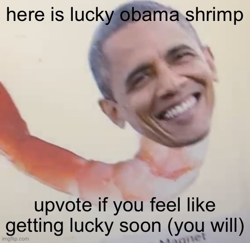 obama shrimp for luck | here is lucky obama shrimp; upvote if you feel like getting lucky soon (you will) | image tagged in obama,shrimp | made w/ Imgflip meme maker