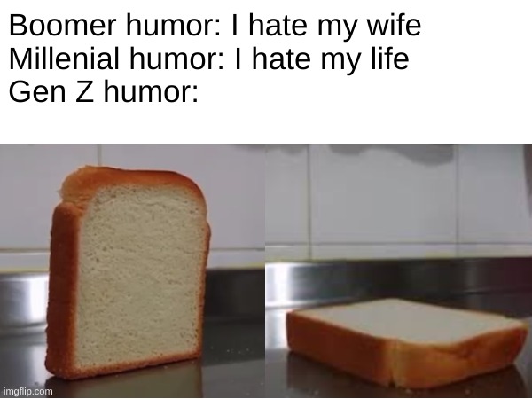 Gen Z humor: | Boomer humor: I hate my wife
Millenial humor: I hate my life
Gen Z humor: | image tagged in gen z,gen z humor,bread,funny | made w/ Imgflip meme maker