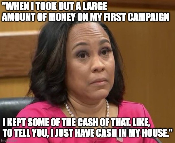 Corrupt Fani Willis | "WHEN I TOOK OUT A LARGE AMOUNT OF MONEY ON MY FIRST CAMPAIGN; I KEPT SOME OF THE CASH OF THAT. LIKE, TO TELL YOU, I JUST HAVE CASH IN MY HOUSE." | image tagged in fani willis eyebrows | made w/ Imgflip meme maker