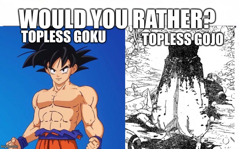 tbf gojo is more literally top-less | WOULD YOU RATHER? TOPLESS GOJO; TOPLESS GOKU | image tagged in who would win blank | made w/ Imgflip meme maker