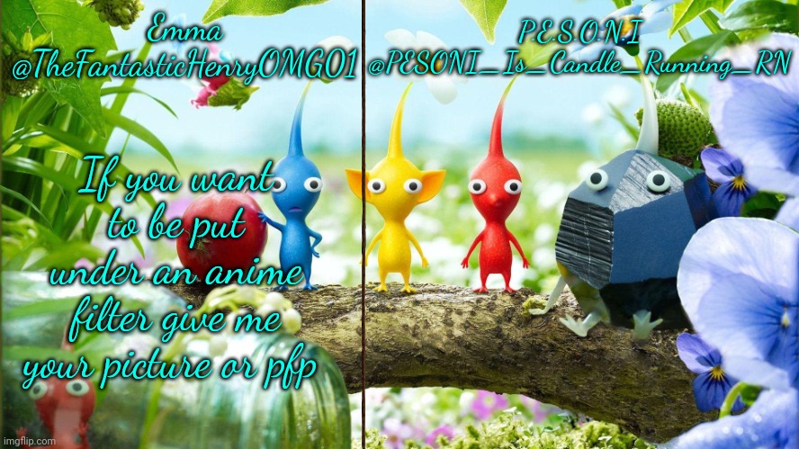 Emma and PESONI Dual announcement temp | If you want to be put under an anime filter give me your picture or pfp | image tagged in emma and pesoni dual announcement temp | made w/ Imgflip meme maker