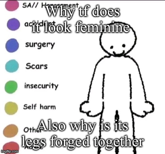 Bruh | Why tf does it look feminine; Also why is its legs forged together | image tagged in share your story | made w/ Imgflip meme maker