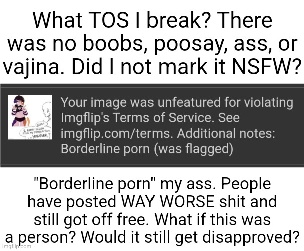 is it cause im black | What TOS I break? There was no boobs, poosay, ass, or vajina. Did I not mark it NSFW? "Borderline porn" my ass. People have posted WAY WORSE shit and still got off free. What if this was a person? Would it still get disapproved? | made w/ Imgflip meme maker