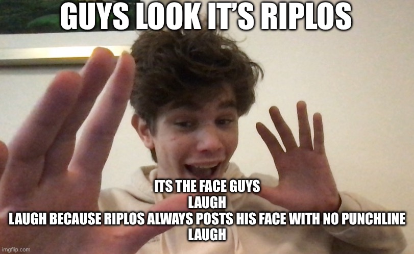 riplos slander | GUYS LOOK IT’S RIPLOS; ITS THE FACE GUYS
LAUGH
LAUGH BECAUSE RIPLOS ALWAYS POSTS HIS FACE WITH NO PUNCHLINE
LAUGH | image tagged in riplos fake mrbeast | made w/ Imgflip meme maker