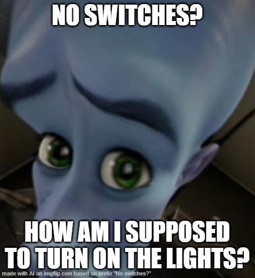 I was trying to make a Nintendo joke but AI went another way | NO SWITCHES? HOW AM I SUPPOSED TO TURN ON THE LIGHTS? | image tagged in megamind no bitches,memes,switch,lights,ai meme | made w/ Imgflip meme maker