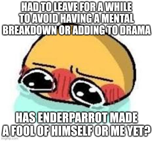 amb shamb bbbmba | HAD TO LEAVE FOR A WHILE TO AVOID HAVING A MENTAL BREAKDOWN OR ADDING TO DRAMA; HAS ENDERPARROT MADE A FOOL OF HIMSELF OR ME YET? | image tagged in amb shamb bbbmba | made w/ Imgflip meme maker