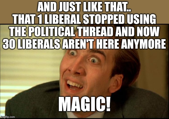 You Don't Say - Nicholas Cage | AND JUST LIKE THAT..
THAT 1 LIBERAL STOPPED USING THE POLITICAL THREAD AND NOW 30 LIBERALS AREN'T HERE ANYMORE; MAGIC! | image tagged in you don't say - nicholas cage | made w/ Imgflip meme maker