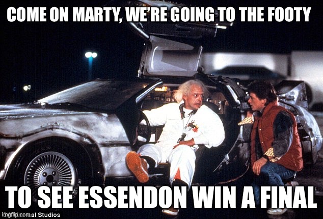 Footy | COME ON MARTY, WE’RE GOING TO THE FOOTY; TO SEE ESSENDON WIN A FINAL | image tagged in delorean,finals | made w/ Imgflip meme maker