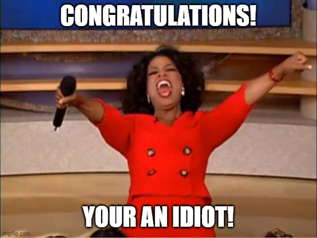 WOMP WOMP jk ur cool :) | CONGRATULATIONS! YOUR AN IDIOT! | image tagged in memes,oprah you get a | made w/ Imgflip meme maker