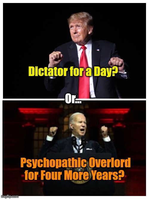 I dunno... Pretty easy choice, actually. | Dictator for a Day? Or... Psychopathic Overlord for Four More Years? | made w/ Imgflip meme maker