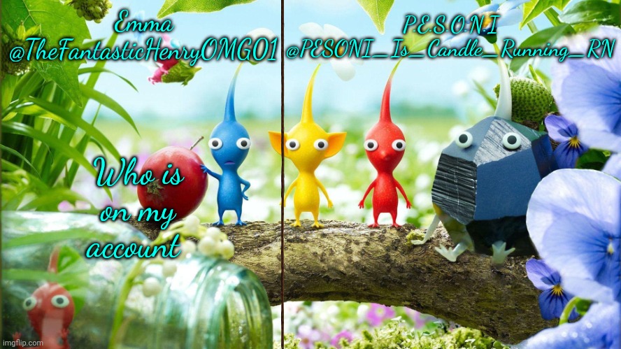Emma and PESONI Dual announcement temp | Who is on my account | image tagged in emma and pesoni dual announcement temp | made w/ Imgflip meme maker