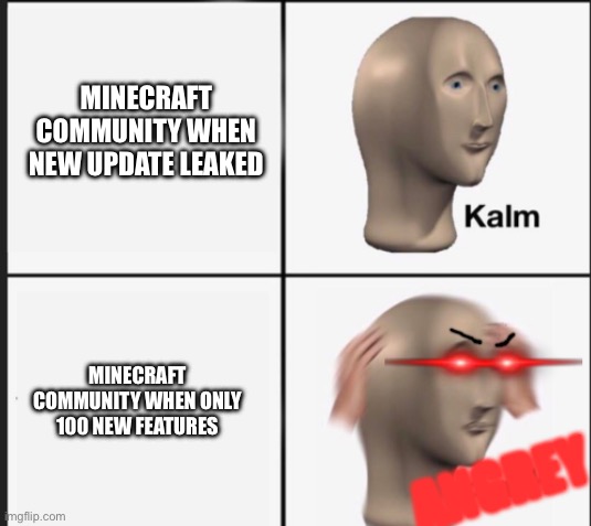 The mc community rushes the devolopers so much it is getting annoying | MINECRAFT COMMUNITY WHEN NEW UPDATE LEAKED; MINECRAFT COMMUNITY WHEN ONLY 100 NEW FEATURES | image tagged in kalm angrey,minecraft | made w/ Imgflip meme maker