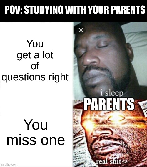 whyyyyyyyyyyyyyyyyyyyyyyyyyyyyyyyy | POV: STUDYING WITH YOUR PARENTS; You get a lot of questions right; PARENTS; You miss one | image tagged in memes,sleeping shaq | made w/ Imgflip meme maker