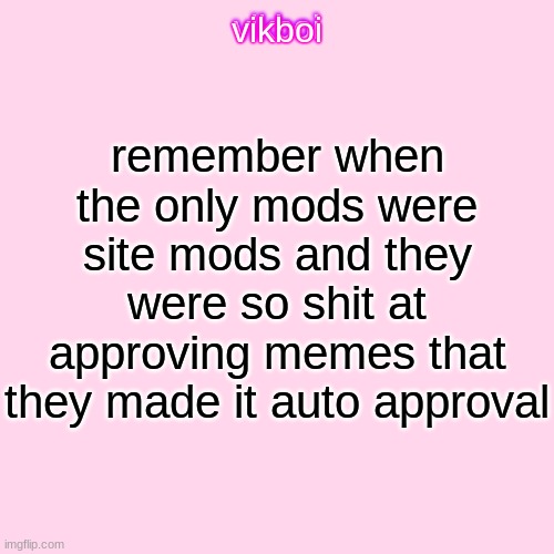 vikboi temp simple | remember when the only mods were site mods and they were so shit at approving memes that they made it auto approval | image tagged in vikboi temp modern | made w/ Imgflip meme maker