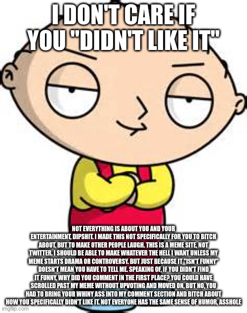 stewie i don't care if you didn't like it | image tagged in stewie i don't care if you didn't like it | made w/ Imgflip meme maker