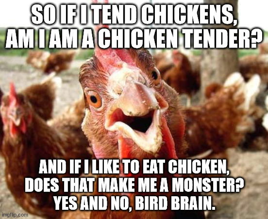 Inviting friends for dinner. | SO IF I TEND CHICKENS, AM I AM A CHICKEN TENDER? AND IF I LIKE TO EAT CHICKEN,
 DOES THAT MAKE ME A MONSTER? 
YES AND NO, BIRD BRAIN. | image tagged in chicken,common sense,farmers | made w/ Imgflip meme maker